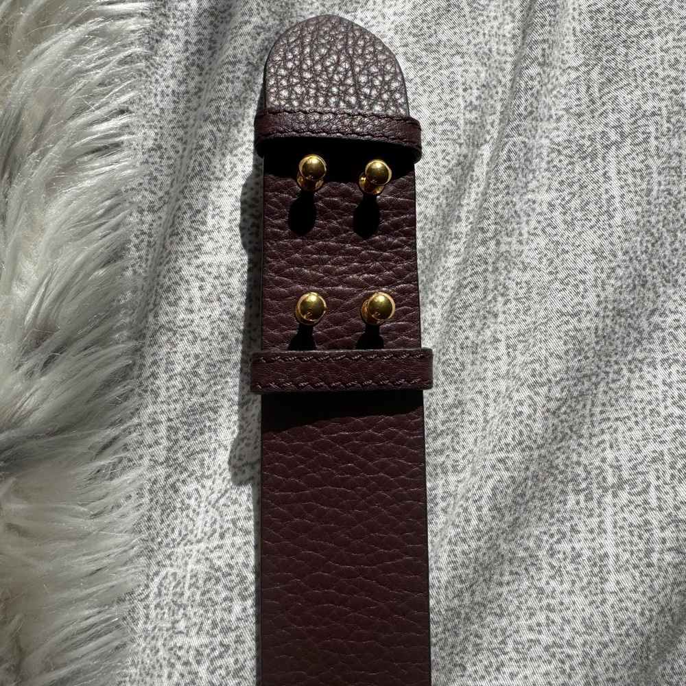 Designer Burgundy Leather Belt with Gold Accents - Picture 3 of 5